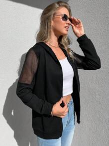 RueChic Contrast Fishnet Zip Up Hoodie - Black - View 4