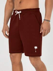 RueChic Men's Coconut Tree Print Drawstring Waist Shorts - Burgundy - View 2