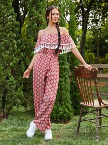 SHEIN WYWH 滿版印花流蘇邊挖肩闊腿連體褲 - 紅色 - 查看 4