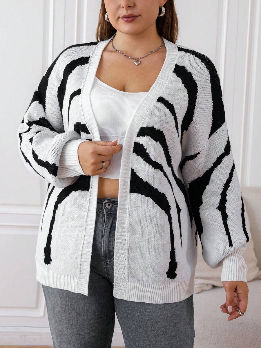 SHEIN EZwear 大碼斑馬紋圖案落肩袖開襟開衫 - 黑與白 - 查看 1