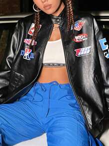 SHEIN Coolane 摩托車風格字母圖案拉鍊pu皮夾克 - 黑色 - 查看 6