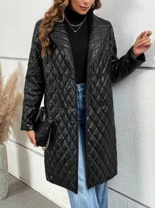 SHEIN LUNE Women's Long Lapel Diamond Quilted Jacket - Black - View 6