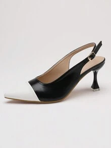 時尚尖頭高跟鞋帶拼貼細節和鏤空設計 - 黑與白 - 查看 7