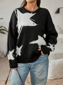 Flirla Talla grande Jersey con patrón de estrella de hombros caídos