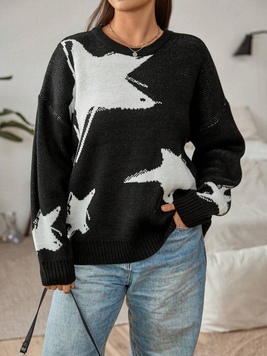 Flirla 星形图案落肩针织套头衫秋冬毛衣 - 黑與白 - 查看 1
