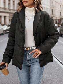 SHEIN LUNE 披肩领加厚棉服外套冬季衣服带斜口袋和腰带 - 黑色 - 查看 6