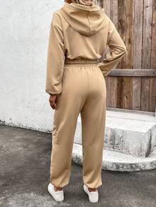 SHEIN LUNE Của phụ nữ Áo nỉ có mũ Và Quần thể thao Bộ - Màu Khaki - Xem 2