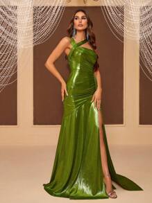 SHEIN Belle 女士不对称涂层面料、褶皱正式晚礼服 - 綠色 - 查看 7