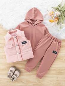 小女童連帽衛衣,格子長褲和背心入組套套裝 - 藕粉色 - 查看 1