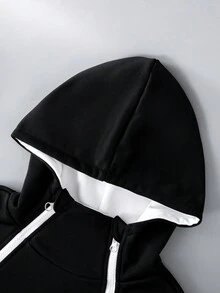 SHEIN Tween男孩連帽拉鍊設計運動衫 - 黑色 - 查看 4