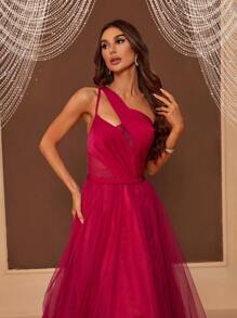SHEIN Belle Un singur umăr Decupat Mesh Overlay Rochie Rochii de bal pentru femei - Roz - Vizualizare 3