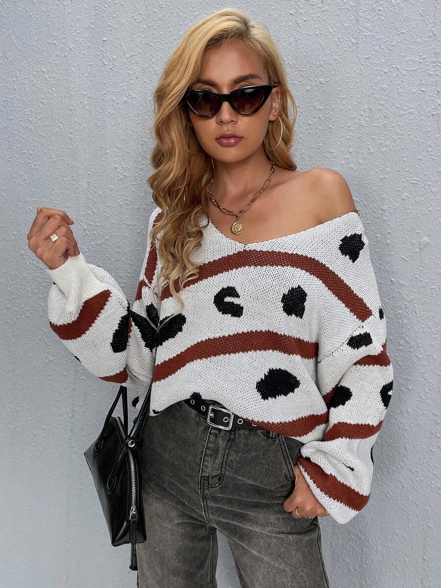 SHEIN Essnce 圖形圖案落肩袖套頭毛衣 - 灰色 - 查看 1