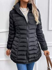 SHEIN LUNE Áo khoác có mũ trùm đầu có khóa kéo phía trước dành cho nữ Quần áo mùa đông - màu đen - Xem 3