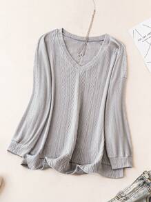 SHEIN LUNE Plus Solid V Neck Sweatshirt - Grey - View 1