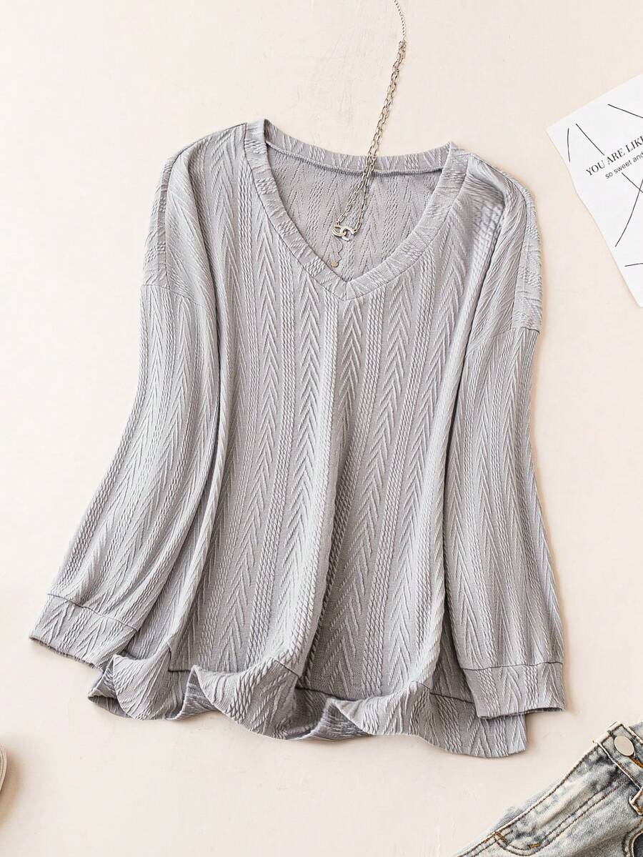 SHEIN LUNE Plus Solid V Neck Sweatshirt - Grey - View 1
