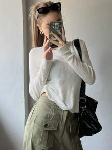 Dazy Star Solid Mock Neck Ribbed Knit Crop Sweater Fall - White - View 6