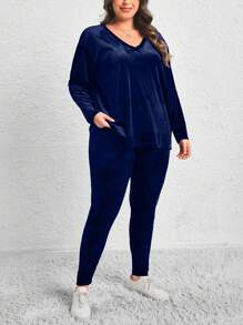 SHEIN LUNE Plus Size Women's Velvet Top And Leggings Two Piece Set - Navy Blue - View 2