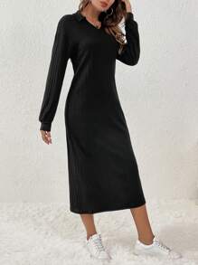 SHEIN Frenchy Drop Shoulder Split Thigh Dress Without Belt - Black - View 6