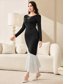 Modelyn Pearls Beaded Keyhole Neckline Fuzzy Hem Bodycon Dress - Black and White - View 3