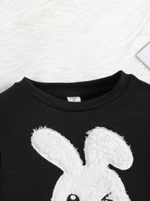 女小童蝴蝶結細節兔子刺繡套頭衫和絨毛長褲 - 黑色 - 查看 6