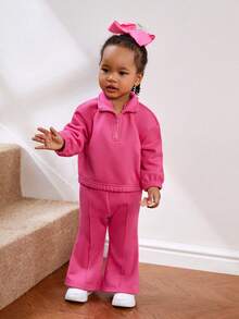 SHEIN Bebis Flicka Halv Dragkedja Nedhasade aclar Sweatshirts & Byxor med Utsvängda Ben - Rosa - Visa 4