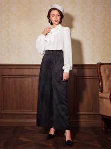 Vintamour Tie Neck Lantern Sleeve Blouse - White - View 2