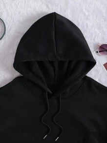 INAWLY 大码月亮和蘑菇印花保暖内衬连帽衫，配有袋鼠口袋，适合冬季穿着 - 黑色 - 查看 5