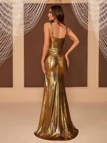 SHEIN Belle 女士褶皺腰身、人魚擺晚禮服(重裝款) - 金色 - 查看 3