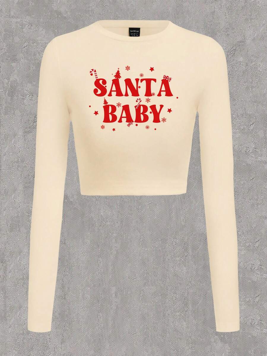 SHEIN EZwear Đồ họa Chữ cái Áo phông Crop - Màu be - Xem 1