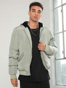 Manfinity VCAY Men Zip Up Hooded Padded Coat, For Fall Winter - Green - View 4