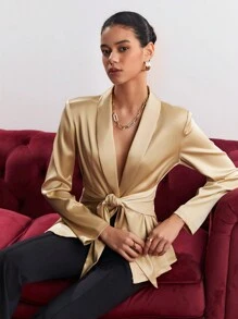 BizChic Shawl Collar Twisted Embellished Coat - Khaki - View 7