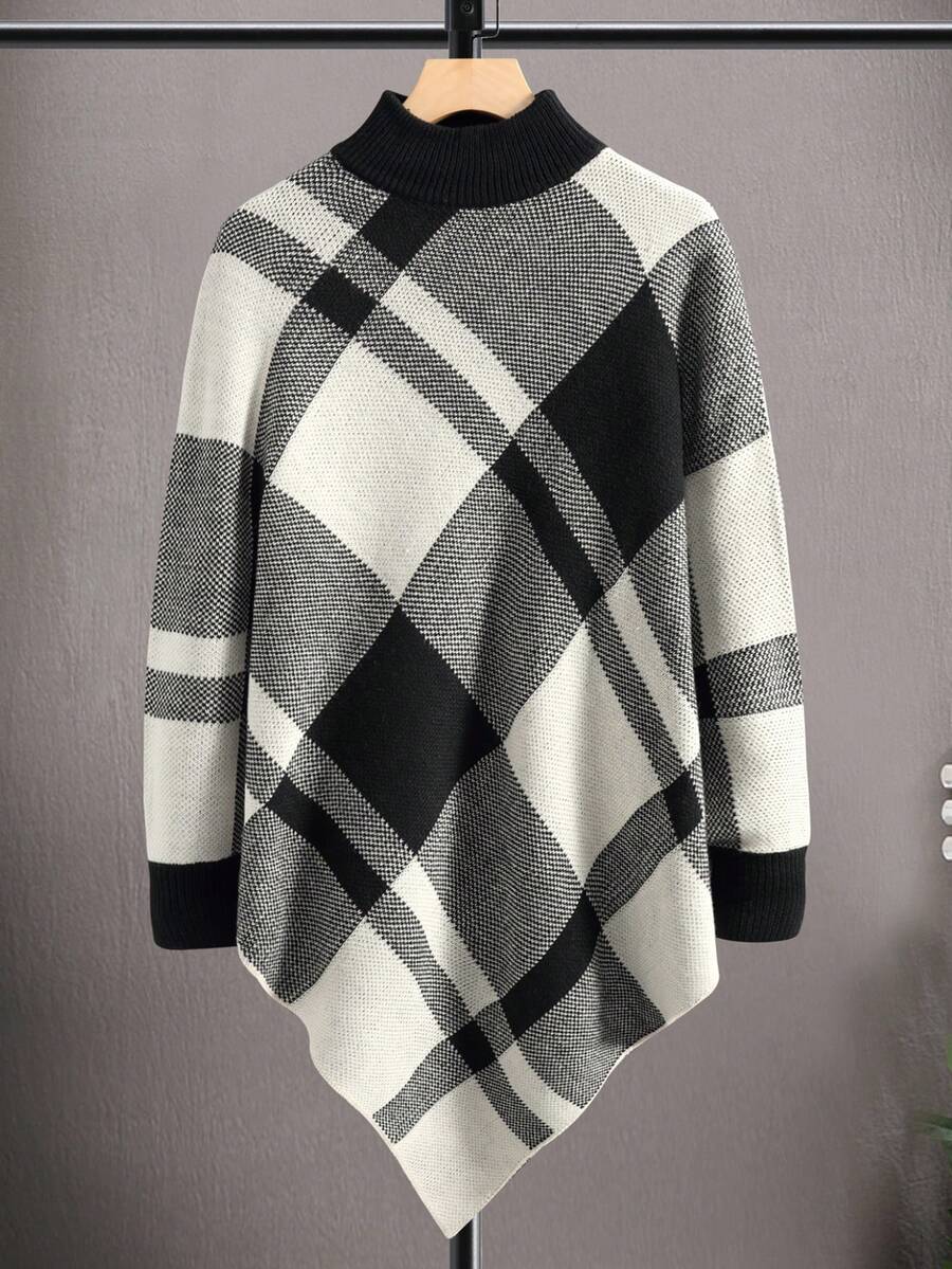 Manfinity Hypemode Hombres Poncho con patrón de cuadros de manga murciélago tejido - Blanco y Negro - Ver 1