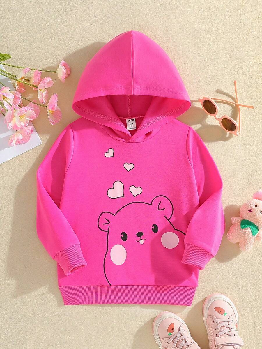 SHEIN Áo nỉ giữ nhiệt lót lông in hình hoạt hình bé gái - Màu Hồng Tươi - Xem 1