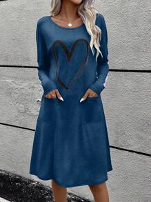 愛心圖案雙口袋蝙蝠袖T恤洋裝 - 藍色 - 查看 1