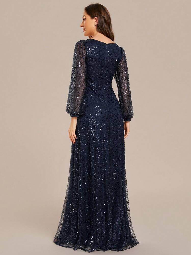 navy blue long sleeve sequin dress AMANI Long Sleeve Sequin Gown