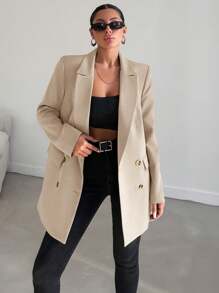EURMUSE Double Breasted Loose Fit Fine Cut Suit Jacket - Beige - View 4