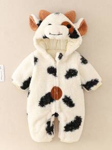 Newborn Baby Boy Cow Pattern 3D Ear Design Hooded Teddy Jumpsuit - Beige - View 5