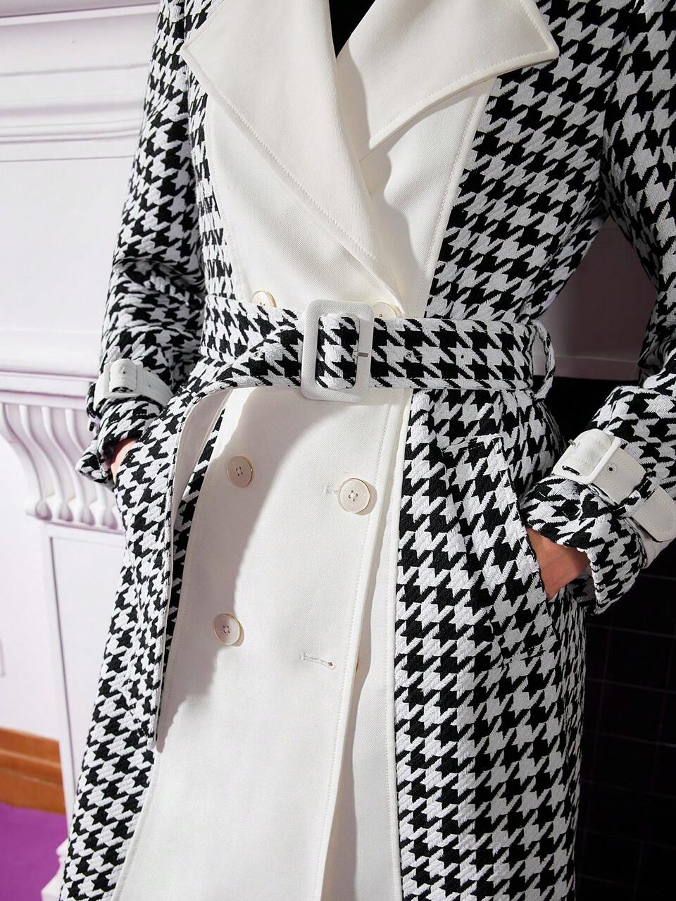 HOUNDSTOOTH PRINT LAPEL NECK OVERCOAT