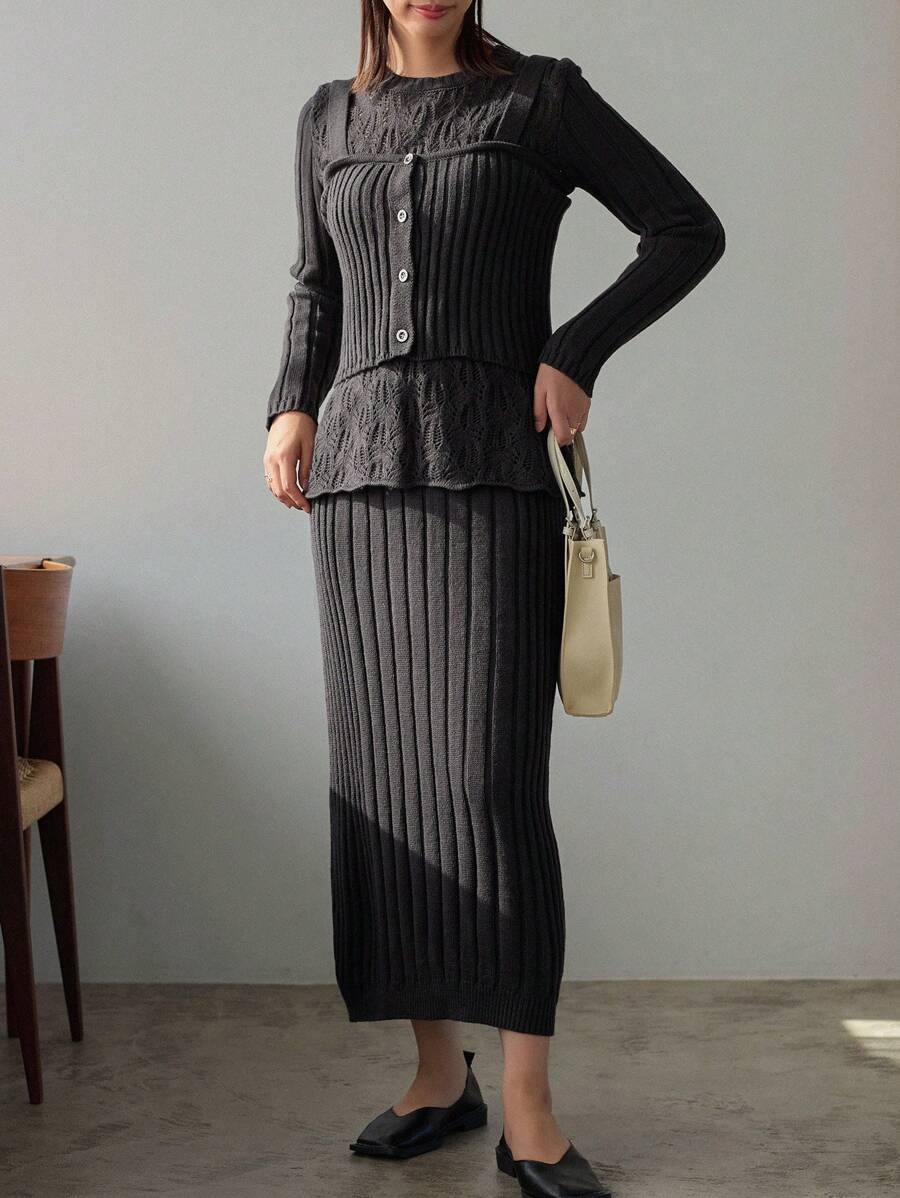 FRIFUL Solid Color Hollow Out Sweater, Knitted Top And Pleated Skirt Outfit Fall - Grey - View 1