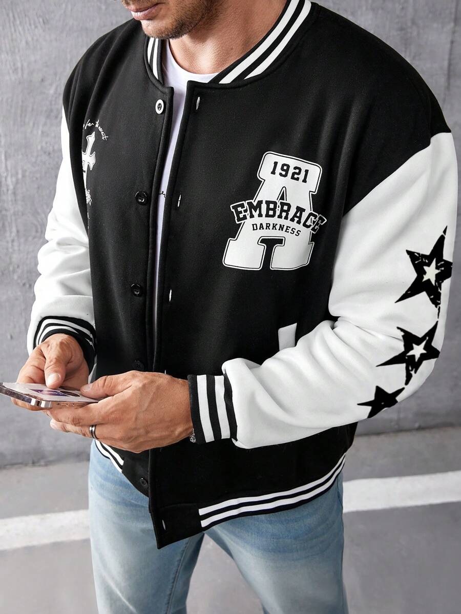 Manfinity Homme 男士大码星星&字母圖案條紋飾邊落肩袖飛行員夾克 - 黑與白 - 查看 1