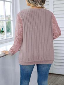Calvaya Plus Contrast Lace Sleeve Sweatshirt - Pink - View 2