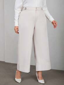 SHEIN Privé Plus-size Solid Color Wide Leg Pants - Khaki - View 5