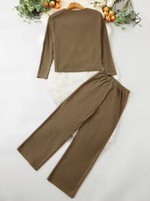 SHEIN Unity Women'S Solid Color Ribbed T-Shirt And Pants Set - Khaki - View 2