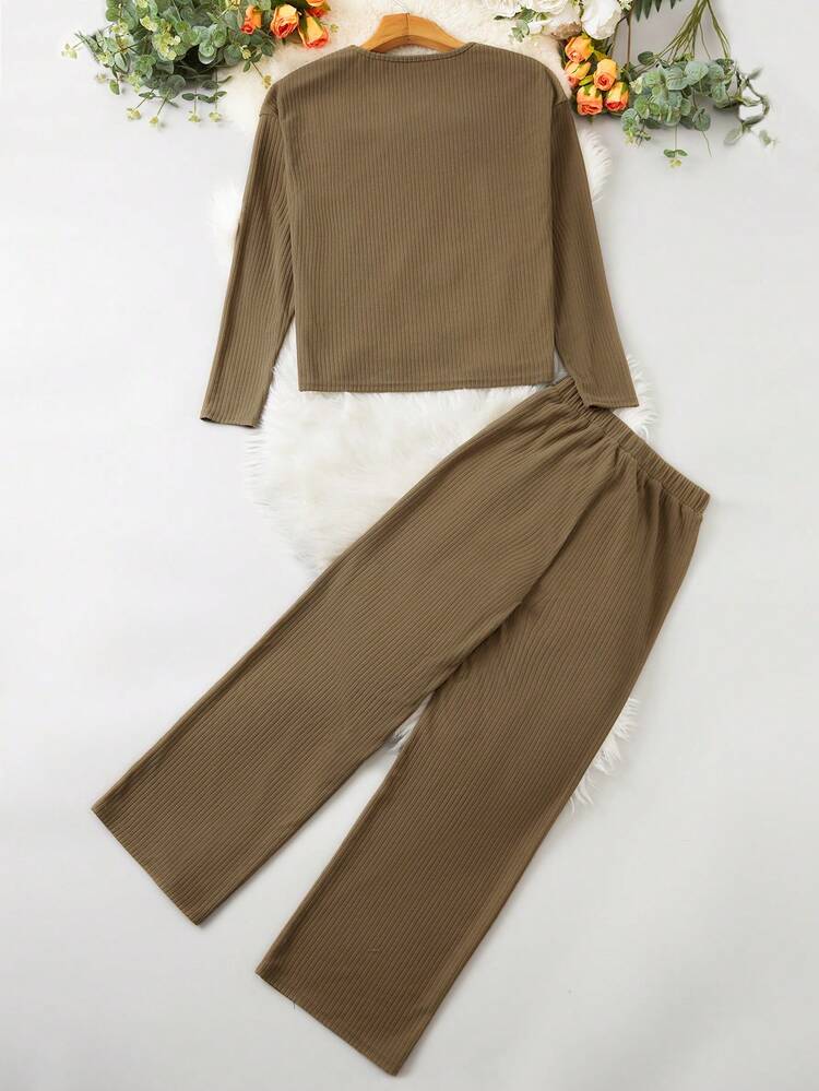 Women'S Solid Color Ribbed T-Shirt And Pants Set