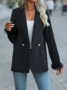 SHEIN Essnce Fuzzy Cổ tay áo Nút đôi Áo vest - màu đen - Xem 6