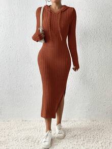 SHEIN Frenchy Quý cô Màu thuần Đầm có mũ Với Cao Bên Khe Và Dây rút - Rỉ Nâu - Xem 6