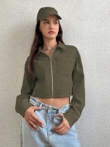 SHEIN Unity Women's Color Block Short Cropped Jacket With Pockets - Army Green - View 5