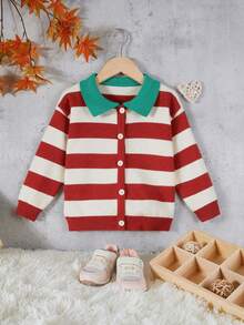 SHEIN Young Girl Colorblock Contrast Collar Button Front Cardigan - Multicolor - View 1