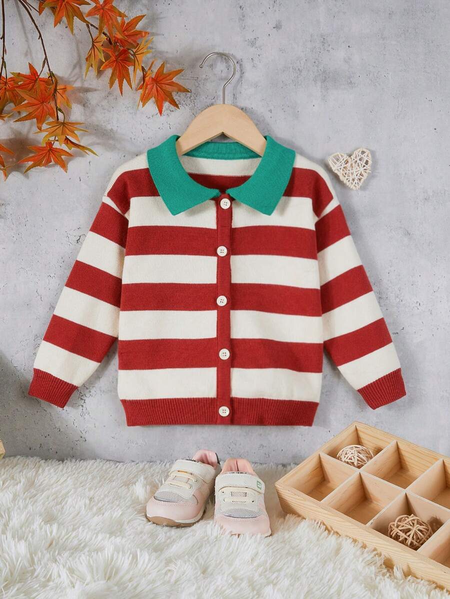 SHEIN Young Girl Colorblock Contrast Collar Button Front Cardigan - Multicolor - View 1