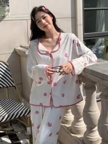 DAZY 女式水果印花上衣和长裤睡衣套装秋冬 - 白色 - 查看 7